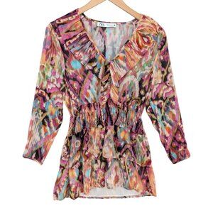 Zara Mini Ruffle Dress Multicolor Long Sleeve Smocked Tiered Sheer Size S